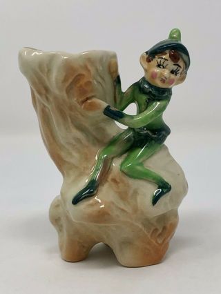 Vintage Green Elf Pixie Figure On A Tree Stump Vase/planter Japan