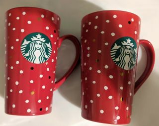 2 Starbucks Holiday Red Ceramic Mugs Polka Dot Travel Mug 14 Fl Oz Pre - Owned