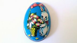 Vintage Metal Lithograph Easter Egg Candy Tin Hong Kong,  Bunny Rabbit Blue