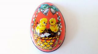 Vintage Metal Lithograph Easter Egg Candy Tin Hong Kong,  Baby Chicks Red