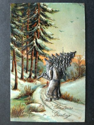 Unusual Old Christmas Postcard W/ Metal Santa Claus Figurine Carrying Xmas Tree