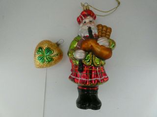 2 Glass Xmas Ornament Scottish Man Playing Bagpipes Irish Heart W/4 Leaf Clover
