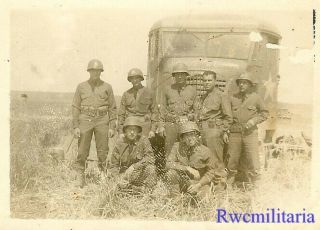 TERRIFIC Group US Soldiers Posed in Field w/ GMC heavy Truck; 1944 2