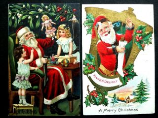 10 Different Old Christmas Postcards All With Santa Claus - 6 Embossed 1910s - 20s