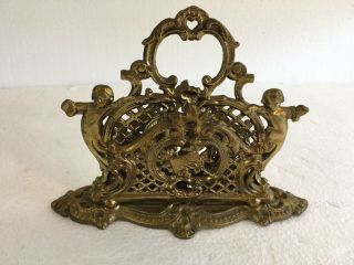 Antique Vintage Bronze Brass Victorian Envelope Letter Holder - Ornate Angels