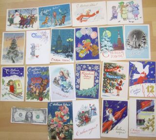 20 Old Russian Year Postcards Santa Claus Propaganda Cosmos Space Etc 1950s