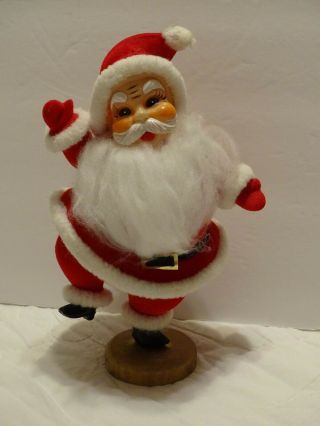 Vintage Flocked Santa Claus Felt & Plastic Waving Standing On 1 Leg - Stand 8.  5”