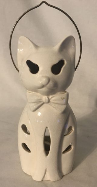 Vintage Lego Japan White Ceramic Halloween Cat Lantern Candle Holder With Handle