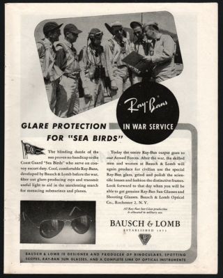 1945 Wwii Ray - Ban Sun Glasses Ad Us Coast Guard Sea Birds Bausch & Lomb