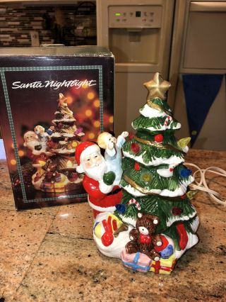 Vintage Christmas Tree Night Light W/ Cord Santa& Baby Ceramic Earthenware Euc