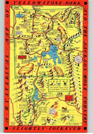 Old 1940s E Yellowstone Park Map Jumbo Postcard Jolly Lindgren Slightly Cockeyed