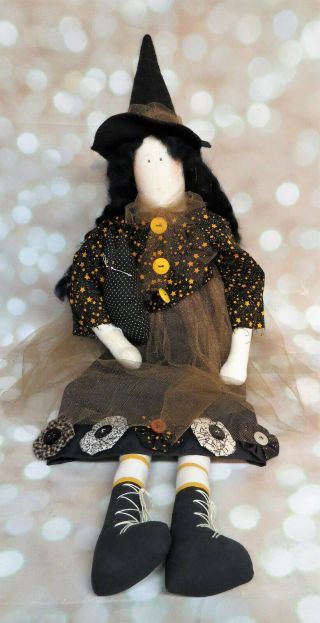 Witch & Cat Shelf Sitter Cloth Doll Halloween Decoration Primitive Fall Decor