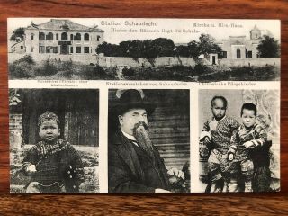 China Old Postcard Mission Station Schaudschu Chinese People European Father