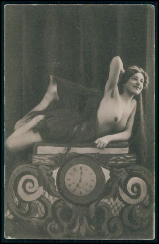 Photogravure Nude Woman Long Hair Brunette On Clock Old 1900s Postcard