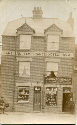 Lane End - Temperance Hotel & Churchyard Shoe Shop - Old Real Photo Postcard