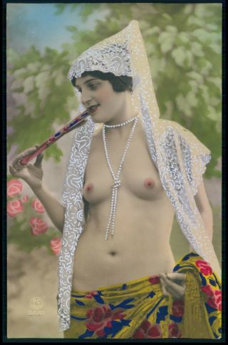 French Nude Spanish Fashion Woman Old 1920s Tinted Color Photo Postcard