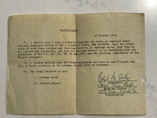 Wwii Military Certificate Of Captured German Enemy Items Dated Oct 27,  1945