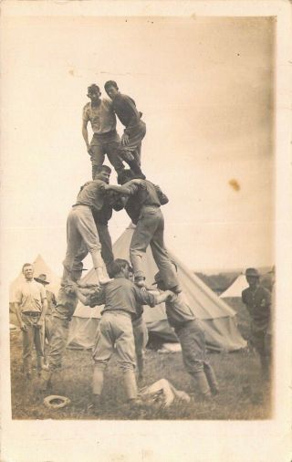 Rppc,  Azo,  Soldiers In Uniform Making A Human Pyramid,  Ww1,  Old Postcard