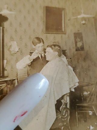 Vintage Early 1900 ' s Real Photo Barber Shop 2 Barbers Chairs Union Shop 3
