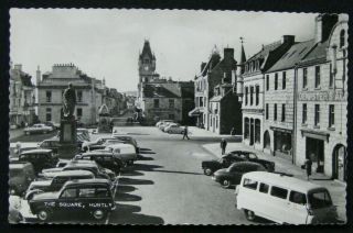 Vintage The Square Huntly Aberdeenshire Rp Postcard Rothiemay Postmark Old Cars