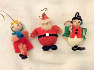 3 Vintage Christmas Santa Spun Cotton Chenille Felt Ornaments Snowman Girl