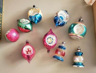 Vintage Christmas Ornaments Set Of 9 Indent Reflective Brite Multicolor Glass
