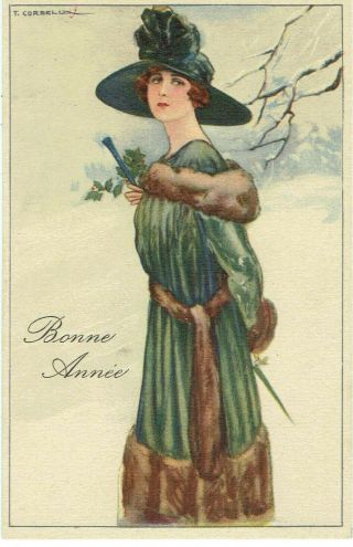 Artist Signed Corbella Old Postcard Glamour Woman In Fur Trimmed Coat Large Hat