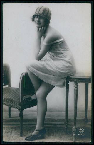 French Risque Near Nude Woman With Hat Old 1920s Photo Postcard