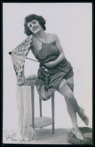 French Risque Near Nude Woman With Parasol Old 1920s Photo Postcard