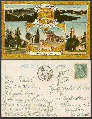 Canada Dues 1908 Old Postcard Paris Ont Grand River English Church G.  T.  R.  Bridge