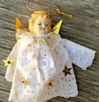 Vintage Christmas Angel Ornament Bisque Porcelain Head White Lace Dress Stars 4 "