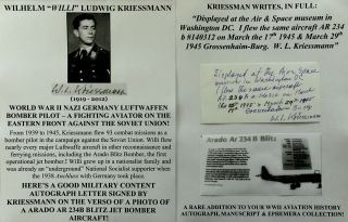 World War Ii Nazi Germany Luftwaffen Bomber Pilot Kriessmann Letter Signed/photo