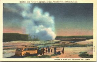 1937 Postcard Old Faithful Geyser Yellowstone National Park Bus Wyoming