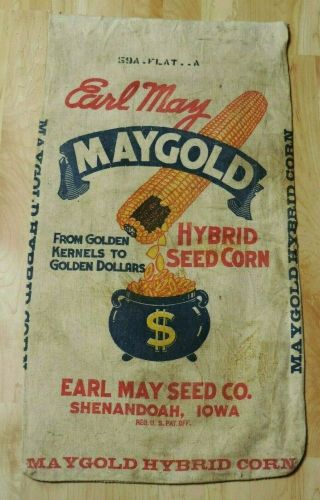Vintage Earl May Mayygold Hybrid Seed Corn Bag Sack Shenandoah Ia Pot O Gold