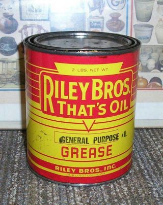 Vintage.  Riley Bros.  Oil.  2lb Grease Can.  Full,  Steel.  Xnice
