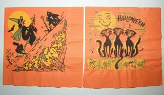 2 Vtg Halloween Paper Napkins Singing Black Cats Witch Broom Haunted House Jol