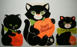 3 Vtg Halloween Greeting Cards Flocked Black Cat Hallmark Ambassador Mid Century