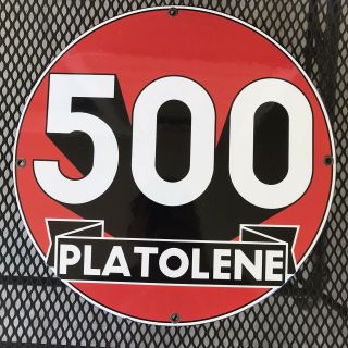 Vintage Platolene 500 Racing Fuel Gas & Oil Metal Porcelain Pump Plate Sign Us