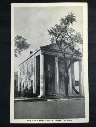 Old Town Hall Cheraw South Carolina Vintage Black & White Postcard Unposted