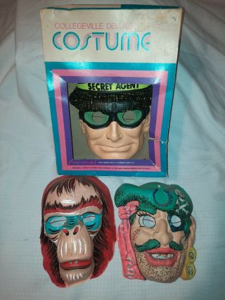 Vintage 1973 Collegeville Halloween Costume Box W/ Secret Agent Mask,  2 Masks