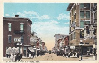 Old Vicksburg Ms Postcard Washington Street Signs Power & Light Charlie Chaplin