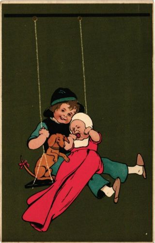 Dogs,  Little Brown Dachshund On A Swing With A Boy And A Girl,  Old Postcard