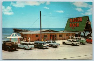 Postcard Fl Flagler Beach Florida Pier Restaurant Highway A1a & 11 Old Cars Aa6