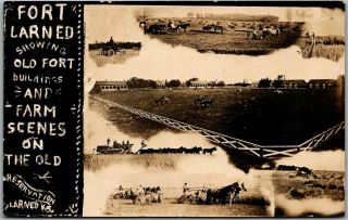 1910s Larned,  Kansas Rppc Real Photo Postcard " Old Fort Buildings & Farm Scenes "