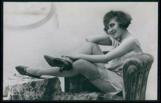 French Risque Near Nude Woman Sofa & Stockings Old 1920s Photo Postcard