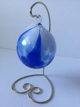 Cobalt Blue & White Hand Blown Art Glass Witches Ball Orb Christmas Ornament
