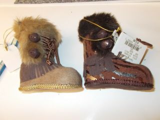 2 Brown Christmas Boots Ornaments /bells,  Fur,  Brown,  Fringe