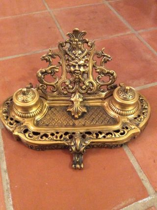 Antique Figural Brass Bronze Double Inkwell Stand Ornate Lion