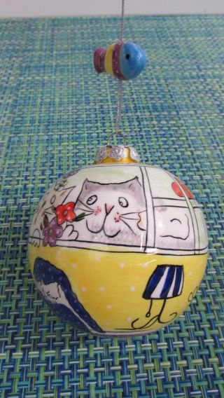 Vintage Whimsical Cat Round Ceramic Christmas Ornament With Dangling Fish 3 1/2”