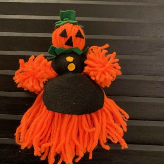 Vintage Halloween Yarn Doll Orange Black Girl Pumpkin Felt